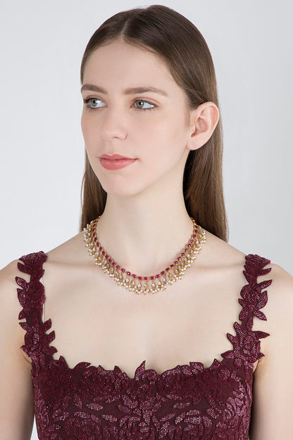 Gold Plated Pearls & Red Quartz Necklace