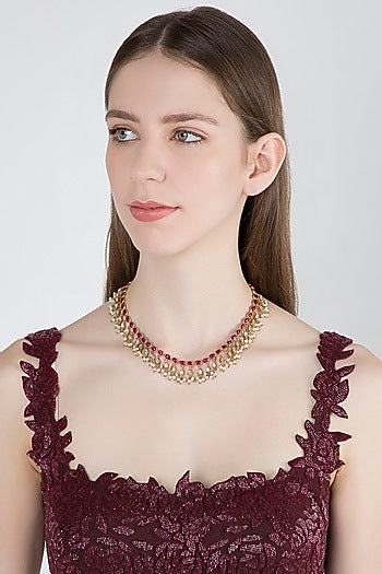 Gold Plated Pearls & Red Quartz Necklace