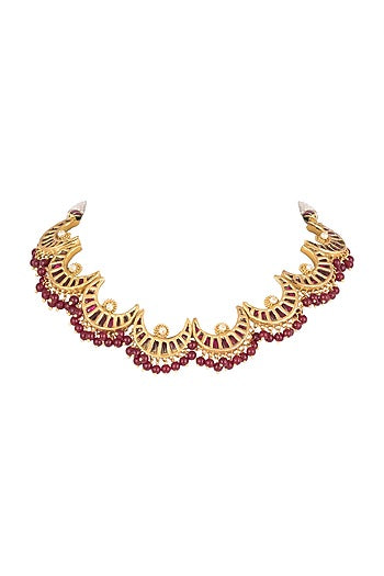 Gold Plated Red Beads & Quartz Necklace