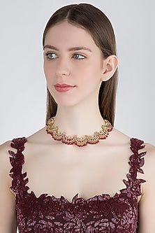 Gold Plated Red Beads & Quartz Necklace