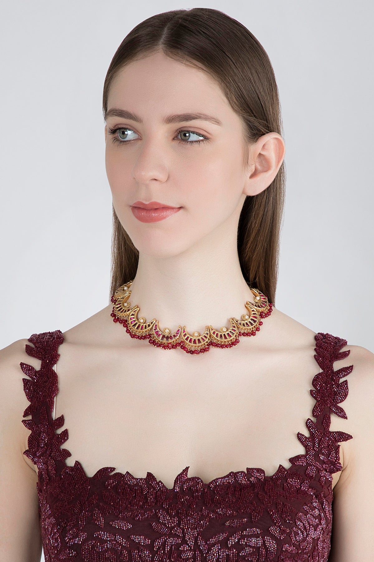 Gold Plated Red Beads & Quartz Necklace