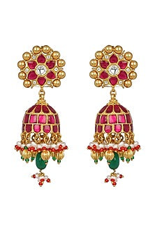 Gold Finish Red Jadau Jhumka Earrings