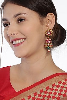 Gold Finish Red Jadau Jhumka Earrings