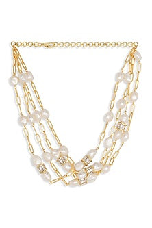 Gold Finish Layered Necklace With Pearls