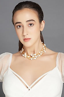 Gold Finish Layered Necklace With Pearls