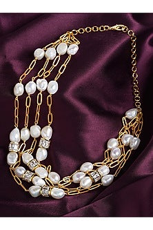 Gold Finish Layered Necklace With Pearls