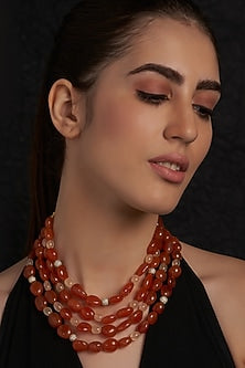 Gold Finish Orange Beaded Necklace