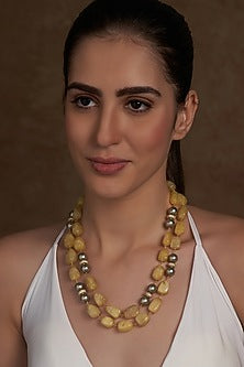 Gold Finish Yellow Agate Beaded Necklace