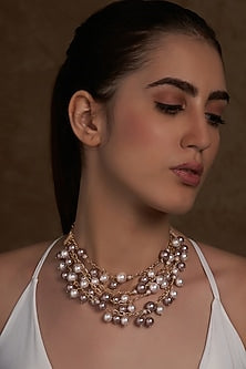 Gold Finish Pearl & Swarovski Necklace