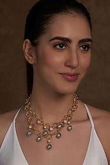 Gold Finish Grey Shell Pearl Necklace