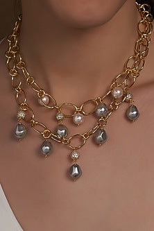 Gold Finish Grey Shell Pearl Necklace
