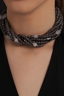 White Finish Dark Grey Agate Beaded Necklace