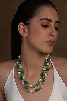 Gold Finish Shell Pearl & Green Onyx Necklace
