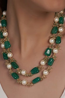 Gold Finish Shell Pearl & Green Onyx Necklace