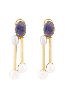 Gold Finish Fresh Water Pearl & Blue Jade Dangler Earrings