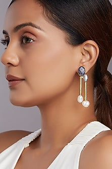 Gold Finish Fresh Water Pearl & Blue Jade Dangler Earrings