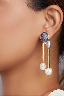 Gold Finish Fresh Water Pearl & Blue Jade Dangler Earrings