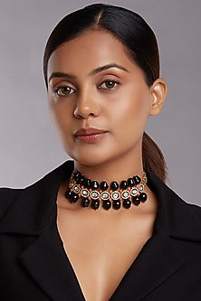 Gold Finish Choker Necklace With Black Onyx Drops