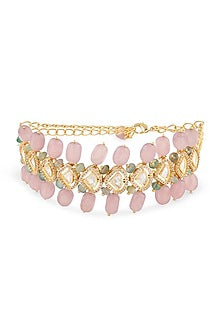 Gold Finish Choker Necklace With Pink Jade