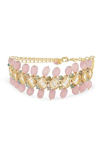 Gold Finish Choker Necklace With Pink Jade
