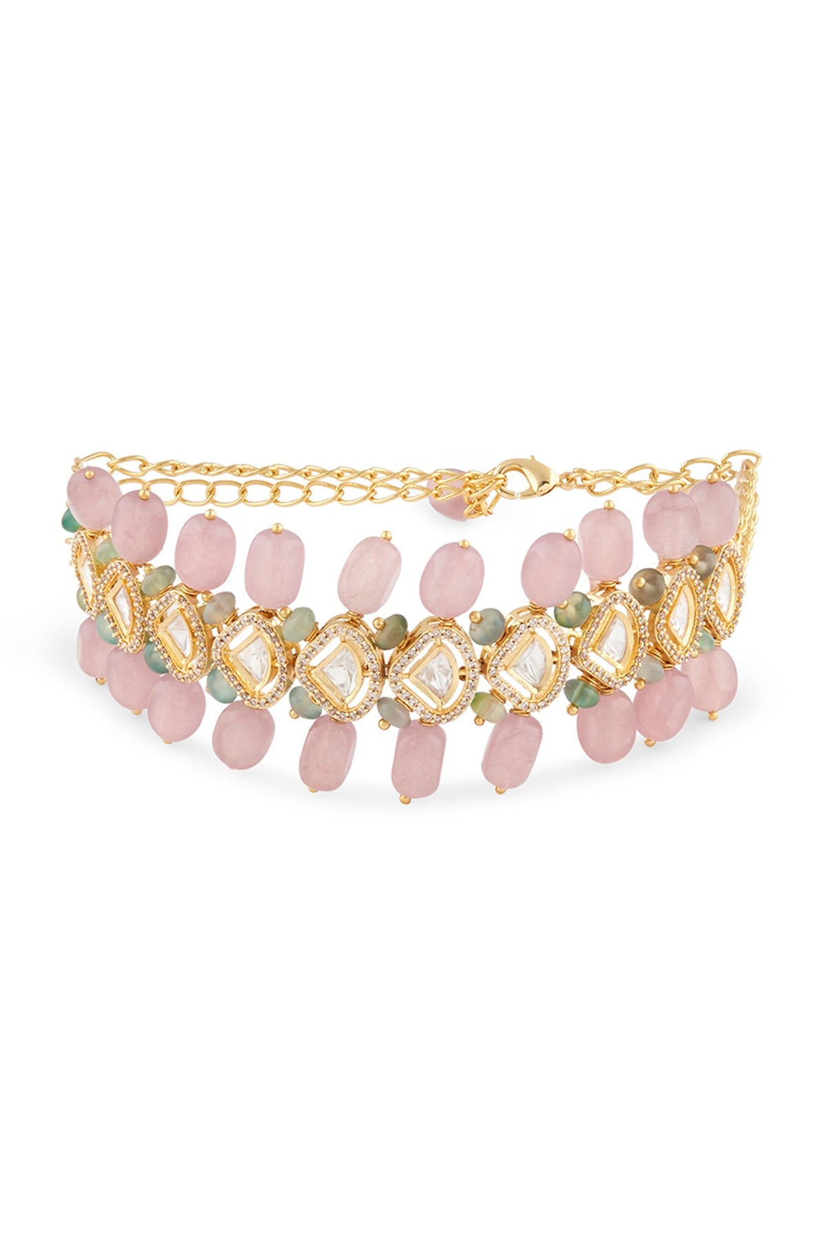 Gold Finish Choker Necklace With Pink Jade