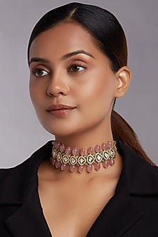 Gold Finish Choker Necklace With Pink Jade