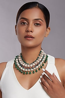Gold Finish Green Onyx Drop Necklace