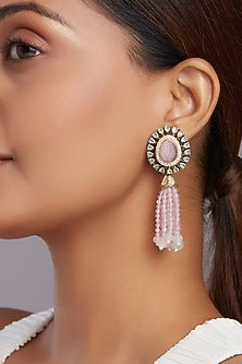 Gold Finish Blue Onyx & Pink Agate Dangler Earrings