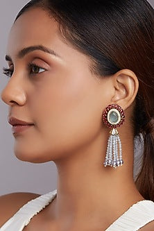 Gold Finish Grey Carved Agate Dangler Earrings