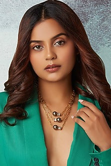 Gold Finish Brown Pearls & Zirconia Necklace