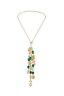 Gold Finish Green Onyx & Pearls Necklace