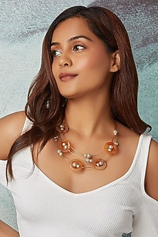 Gold Finish Orange Agate Rings & Pearls Necklace