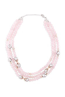 Gold Finish Rose Pink Beaded Necklace