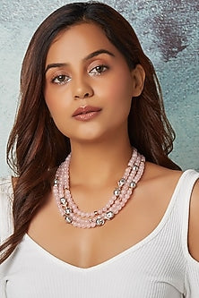 Gold Finish Rose Pink Beaded Necklace