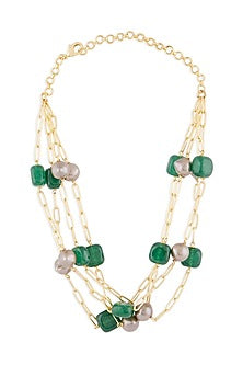 Gold Finish Green Onyx & Pearls Necklace