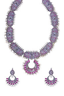 White Finish Synthetic Stone & Pearl Handcrafted Long Necklace Set
