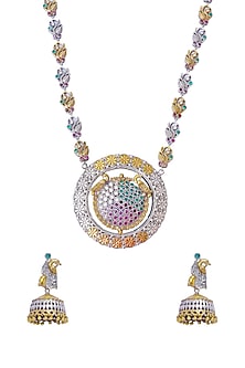 Two Tone Finish Multi-Colored Synthetic Stone Long Necklace Set