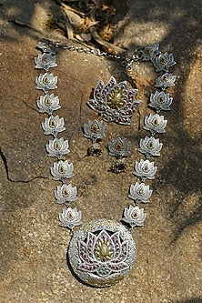 Two Tone Finish Multi-Colored Synthetic Stones Long Necklace Set