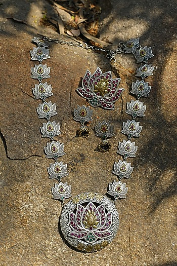 Two Tone Finish Multi-Colored Synthetic Stones Long Necklace Set