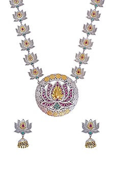 Two Tone Finish Multi-Colored Synthetic Stones Long Necklace Set