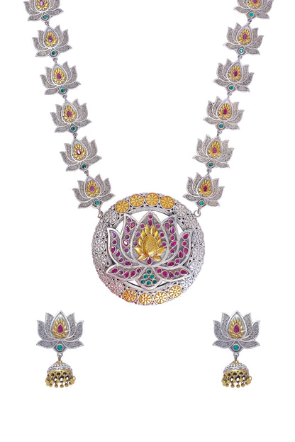 Two Tone Finish Multi-Colored Synthetic Stones Long Necklace Set