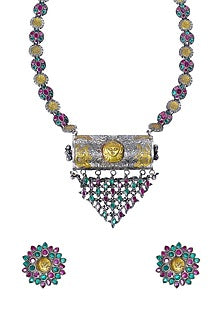 Two Tone Finish Long Necklace Set With Multi-Colored Synthetic Stones