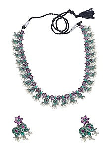 White Finish Multi-Colored Synthetic Stone Long Necklace Set