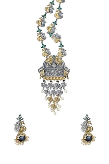 Two Tone Finish Green Synthetic Stone Long Necklace Set