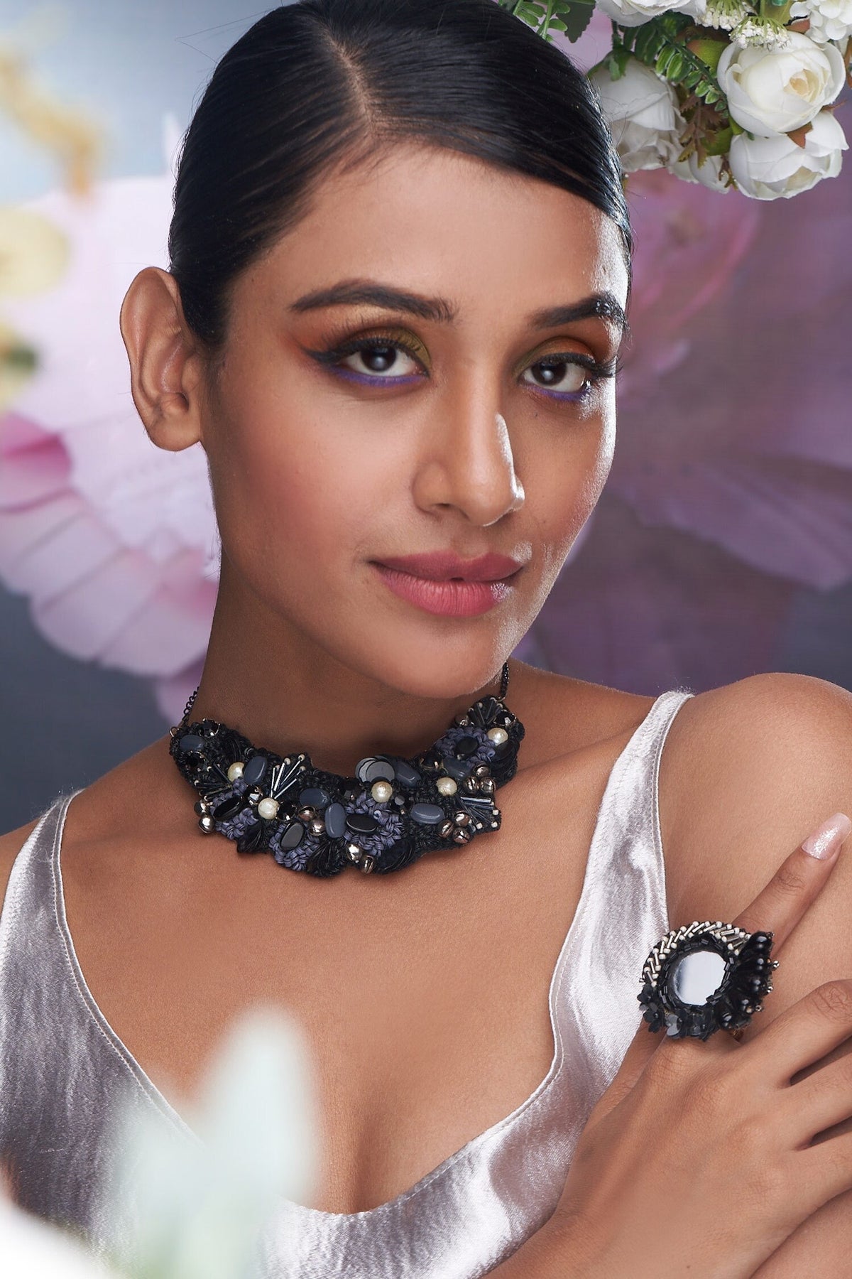Stone & Bead Embellished Choker 