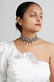 Two-Tone Finish Metal Bead & Stone Choker Necklace