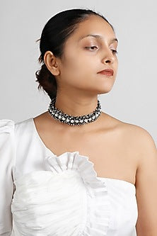 Two-Tone Finish Metal Bead & Stone Choker Necklace