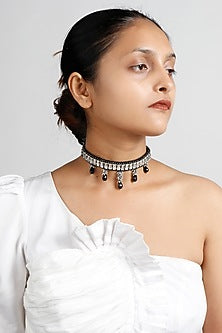 Two-Tone Finish Metal Bead & Crystal Stone Choker Necklace