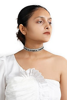 Two-Tone Finish Metal Bead & Grey Stone Choker Necklace