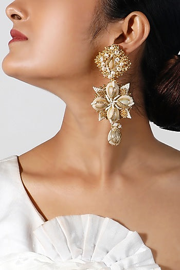 Gold Plated Shell Pearl Dangler Earrings